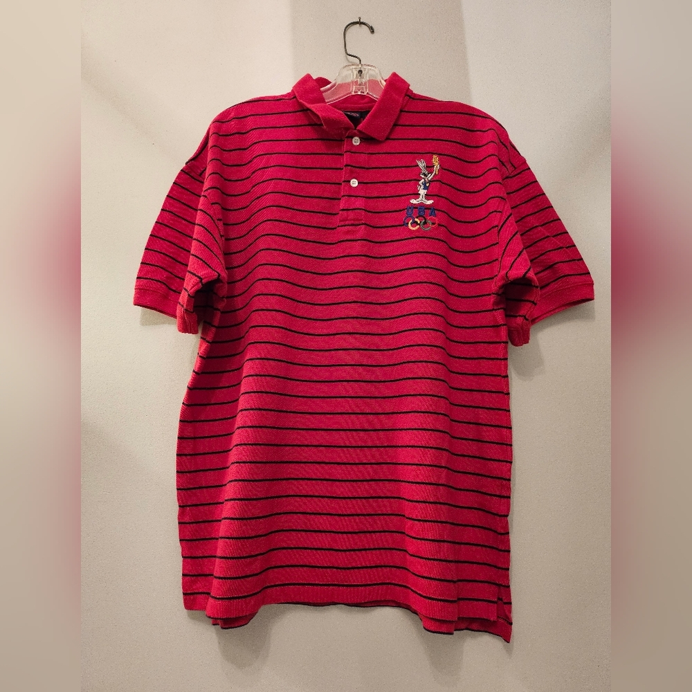 Vintage 1996 Warner Bros USA Olympic Team Collection Striped Red Polo | Size XL